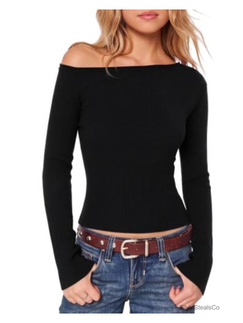 Cashmere Blend Off Shoulder Ribbed Sweater Fitted Pullover